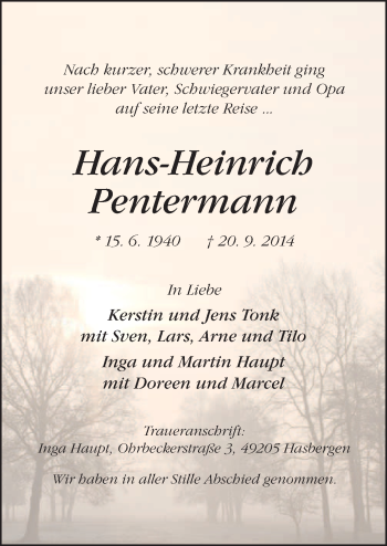 Traueranzeige von Hans-Heinrich Pentermann von Neue Osnabrücker Zeitung GmbH & Co. KG