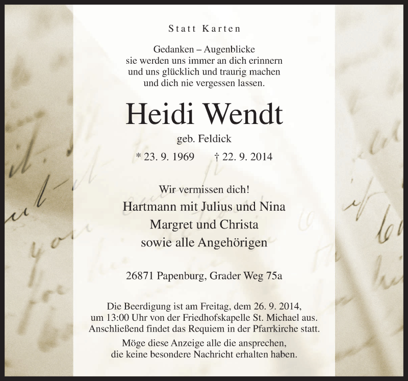  Traueranzeige für Heidi Wendt vom 24.09.2014 aus Neue Osnabrücker Zeitung GmbH & Co. KG