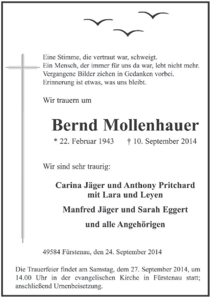  Traueranzeige für Bernd Mollenhauer vom 24.09.2014 aus Neue Osnabrücker Zeitung GmbH & Co. KG