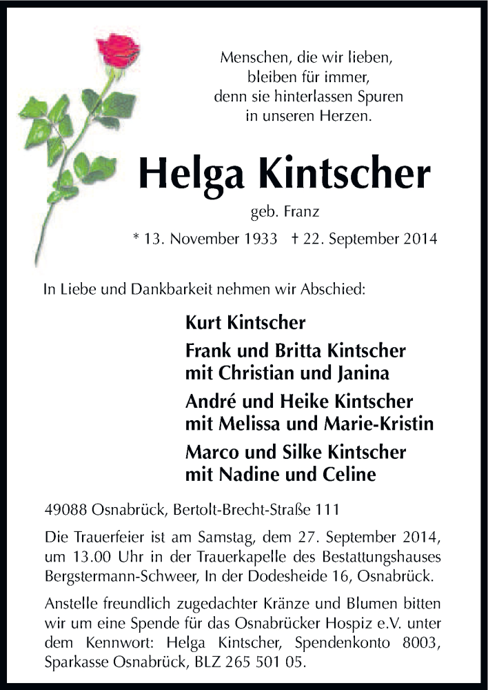  Traueranzeige für Helga Kintscher vom 24.09.2014 aus Neue Osnabrücker Zeitung GmbH & Co. KG