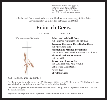 Traueranzeige von Heinrich Geers von Neue Osnabrücker Zeitung GmbH & Co. KG