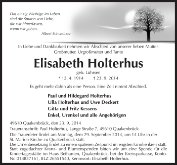 Traueranzeige von Elisabeth Holterhus von Neue Osnabrücker Zeitung GmbH & Co. KG