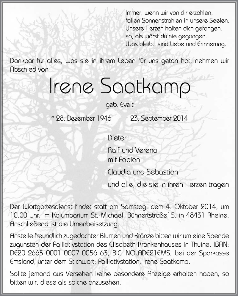  Traueranzeige für Irene Sootkomp vom 27.09.2014 aus Neue Osnabrücker Zeitung GmbH & Co. KG