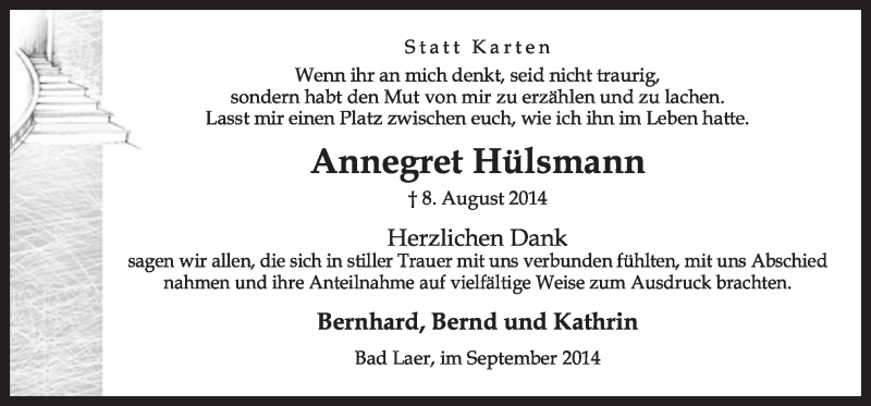  Traueranzeige für Annegret Hülsmann vom 27.09.2014 aus Neue Osnabrücker Zeitung GmbH & Co. KG