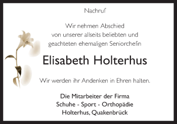 Traueranzeige von Elisabeth Holterhus von Neue Osnabrücker Zeitung GmbH & Co. KG