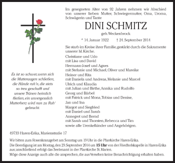 Traueranzeige von Dini Schmitz von Neue Osnabrücker Zeitung GmbH & Co. KG