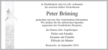 Traueranzeige von Peter Brüning von Neue Osnabrücker Zeitung GmbH & Co. KG