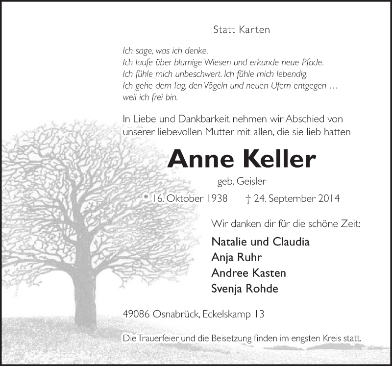  Traueranzeige für Anne Keller vom 27.09.2014 aus Neue Osnabrücker Zeitung GmbH & Co. KG