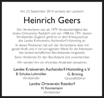 Traueranzeige von Heinrich Geers von Neue Osnabrücker Zeitung GmbH & Co. KG