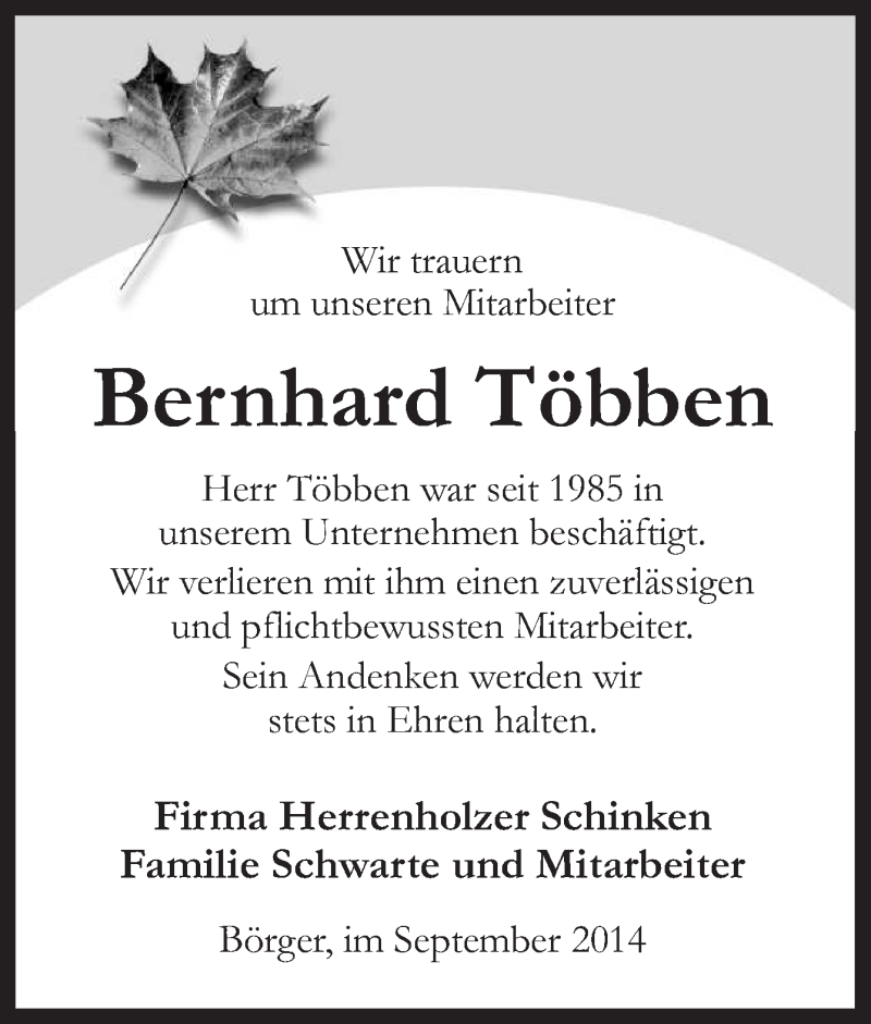  Traueranzeige für Bernhard Többen vom 29.09.2014 aus Neue Osnabrücker Zeitung GmbH & Co. KG