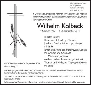 Traueranzeige von Wilhelm Kolbeck von Neue Osnabrücker Zeitung GmbH & Co. KG