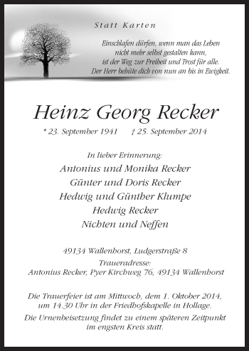 Traueranzeige von Heinz Georg Recker von Neue Osnabrücker Zeitung GmbH & Co. KG
