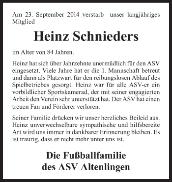 Traueranzeige von Heinz Schnieders von Neue Osnabrücker Zeitung GmbH & Co. KG