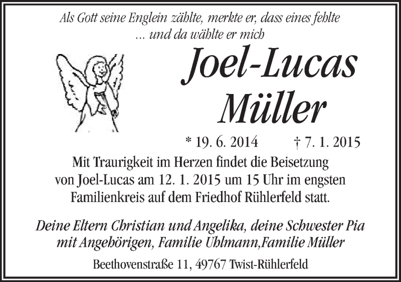  Traueranzeige für Joel-Lucas Müller vom 10.01.2015 aus Neue Osnabrücker Zeitung GmbH & Co. KG