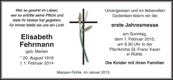 Traueranzeige von Elisabeth Fehrmann von Neue Osnabrücker Zeitung GmbH & Co. KG