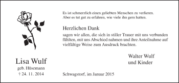 Traueranzeige von Lisa Wulf von Neue Osnabrücker Zeitung GmbH & Co. KG