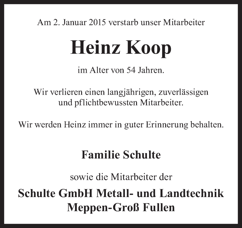  Traueranzeige für Heinz Koop vom 07.01.2015 aus Neue Osnabrücker Zeitung GmbH & Co. KG