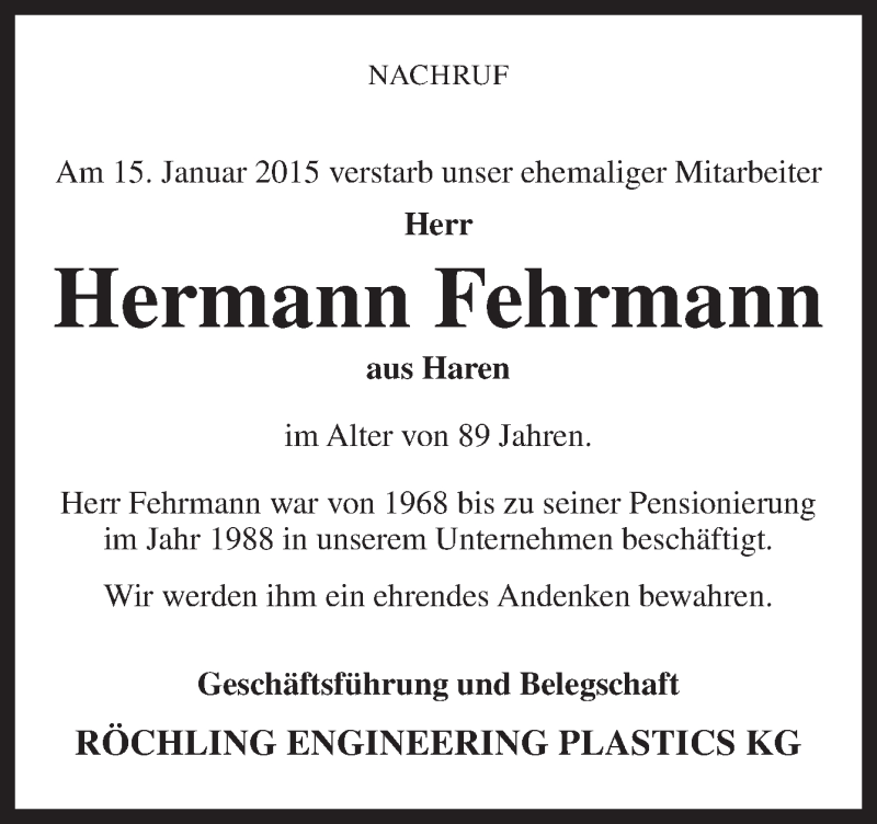  Traueranzeige für Hermann Fehrmann vom 21.01.2015 aus Neue Osnabrücker Zeitung GmbH & Co. KG