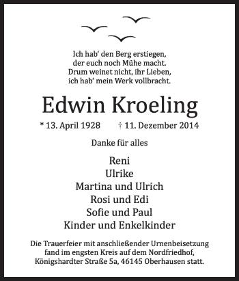 Traueranzeige von Edwin Kroeling von Neue Osnabrücker Zeitung GmbH & Co. KG