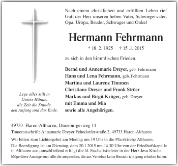 Traueranzeige von Hermann Fehrmann von Neue Osnabrücker Zeitung GmbH & Co. KG