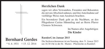 Traueranzeige von Bernhard Gerdes von Neue Osnabrücker Zeitung GmbH & Co. KG
