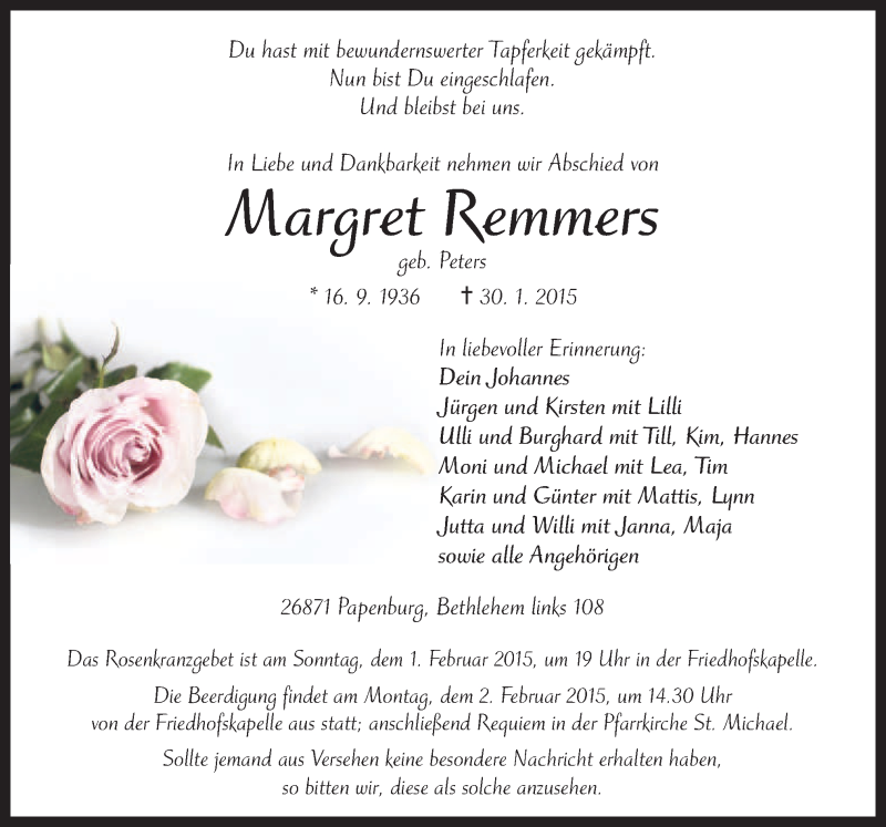  Traueranzeige für Margret Remmers vom 31.01.2015 aus Neue Osnabrücker Zeitung GmbH & Co. KG