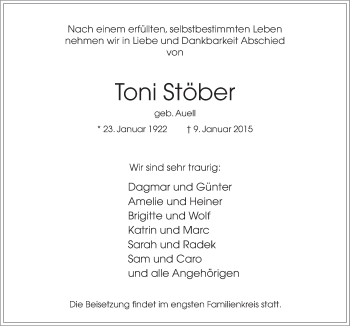 Traueranzeige von Toni Stöber von Neue Osnabrücker Zeitung GmbH & Co. KG