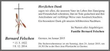 Traueranzeige von Bernard Felschen von Neue Osnabrücker Zeitung GmbH & Co. KG