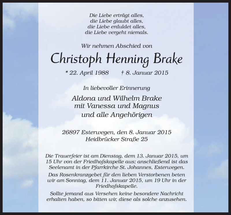  Traueranzeige für Christoph Henning Brake vom 10.01.2015 aus Neue Osnabrücker Zeitung GmbH & Co. KG