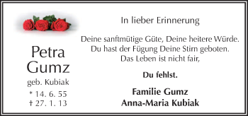 Traueranzeige von Petra Gumz von Neue Osnabrücker Zeitung GmbH & Co. KG