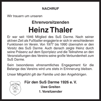 Traueranzeige von Heinz Thaler von Neue Osnabrücker Zeitung GmbH & Co. KG