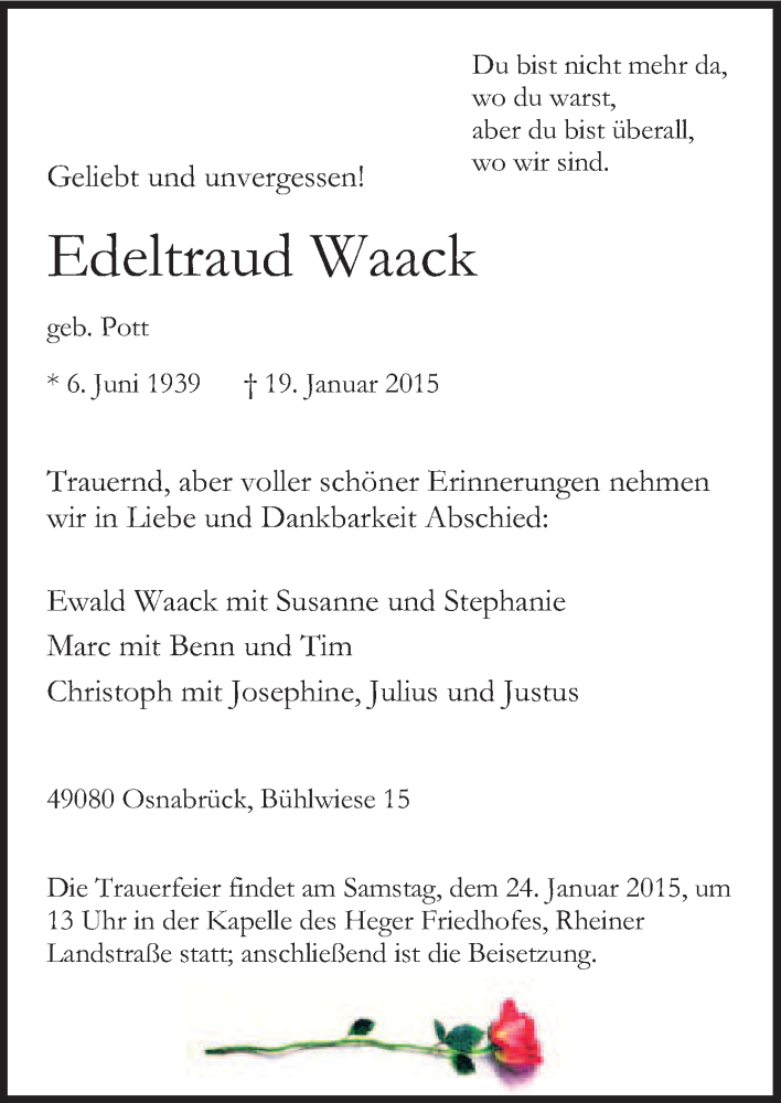  Traueranzeige für Edeltraud Waack vom 21.01.2015 aus Neue Osnabrücker Zeitung GmbH & Co. KG
