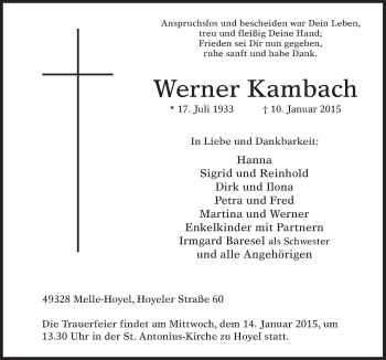 Traueranzeige von Werner Kambach von Neue Osnabrücker Zeitung GmbH & Co. KG