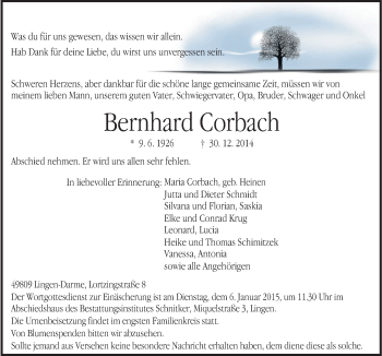 Traueranzeige von Bernhard Corbach von Neue Osnabrücker Zeitung GmbH & Co. KG