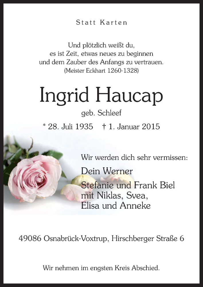  Traueranzeige für Ingrid Haucap vom 07.01.2015 aus Neue Osnabrücker Zeitung GmbH & Co. KG