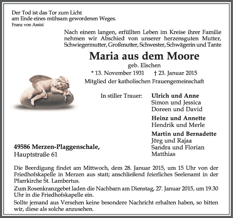  Traueranzeige für Maria aus dem Moore vom 26.01.2015 aus Neue Osnabrücker Zeitung GmbH & Co. KG