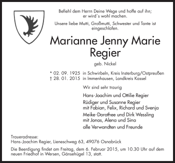 Traueranzeige von Marianne Jenny Marie Regier von Neue Osnabrücker Zeitung GmbH & Co. KG