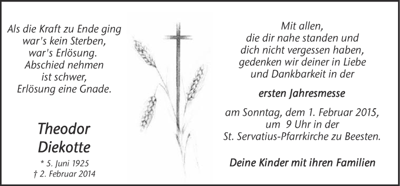  Traueranzeige für Theodor Diekotte vom 30.01.2015 aus Neue Osnabrücker Zeitung GmbH & Co. KG