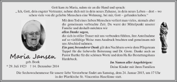 Traueranzeige von Maria Jansen von Neue Osnabrücker Zeitung GmbH & Co. KG