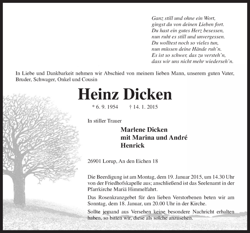  Traueranzeige für Heinz Dicken vom 16.01.2015 aus Neue Osnabrücker Zeitung GmbH & Co. KG