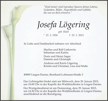 Traueranzeige von Josefa Lögering von Neue Osnabrücker Zeitung GmbH & Co. KG