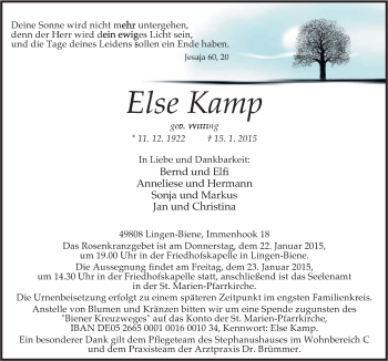 Traueranzeige von Else Kamp von Neue Osnabrücker Zeitung GmbH & Co. KG