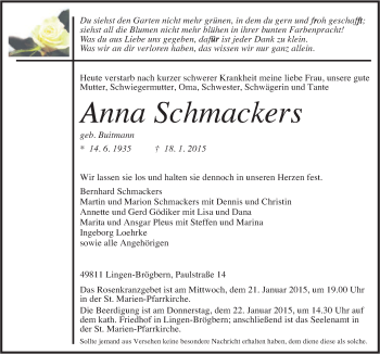 Traueranzeige von Anna  Schmackers von Neue Osnabrücker Zeitung GmbH & Co. KG