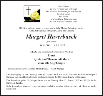 Traueranzeige von Margret Haverbusch von Neue Osnabrücker Zeitung GmbH & Co. KG