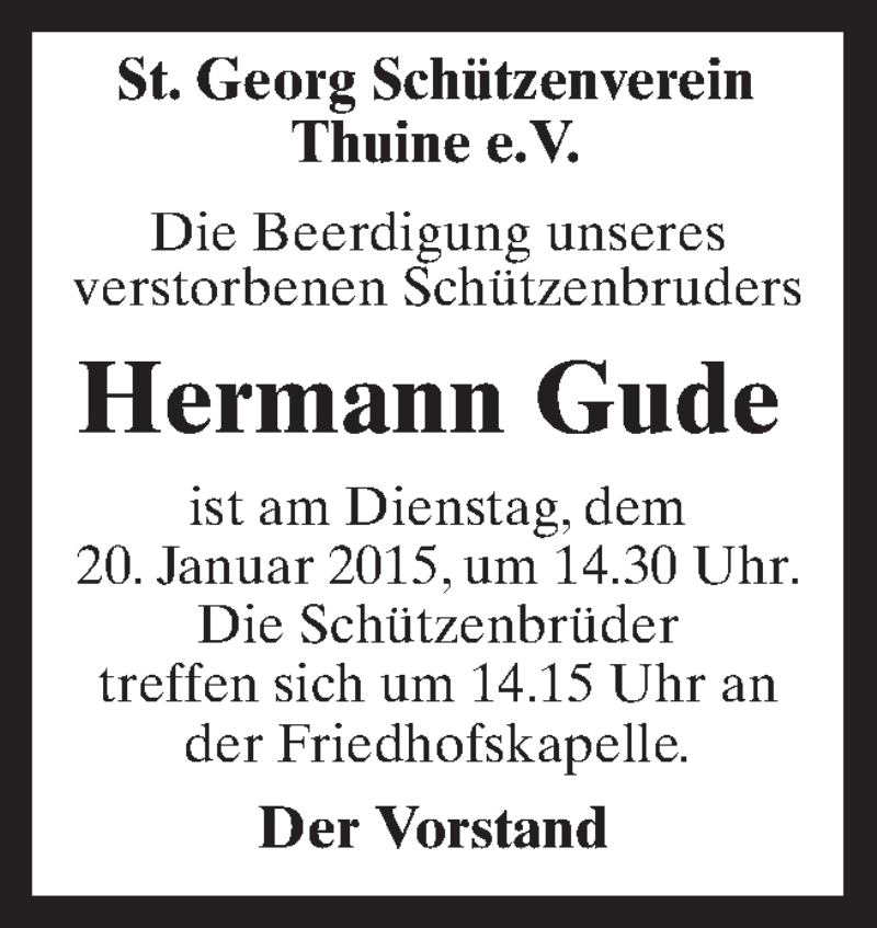  Traueranzeige für Hermann Gude vom 17.01.2015 aus Neue Osnabrücker Zeitung GmbH & Co. KG