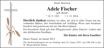 Traueranzeige von Adele Fischer von Neue Osnabrücker Zeitung GmbH & Co. KG