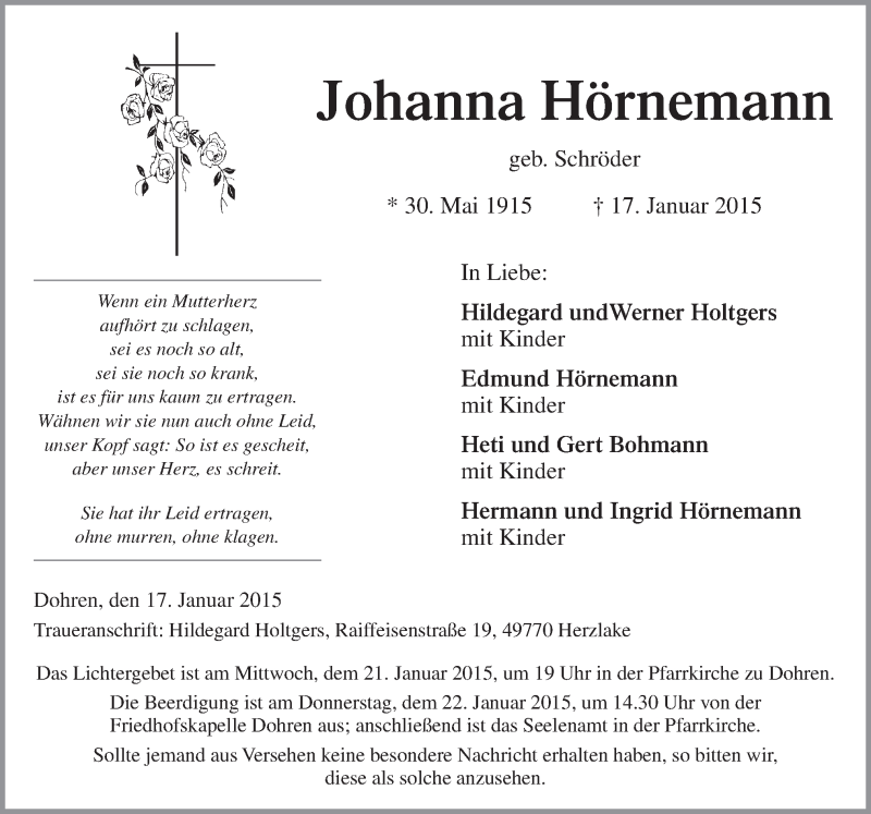  Traueranzeige für Johanna Hörnemann vom 19.01.2015 aus Neue Osnabrücker Zeitung GmbH & Co. KG