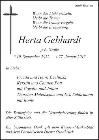 Traueranzeige von Herta Gebhardt von Neue Osnabrücker Zeitung GmbH & Co. KG