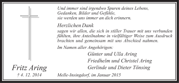 Traueranzeige von Fritz Aring von Neue Osnabrücker Zeitung GmbH & Co. KG