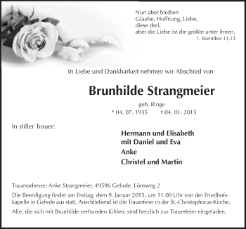 Traueranzeige von Brunhilde  Strangmeier von Neue Osnabrücker Zeitung GmbH & Co. KG